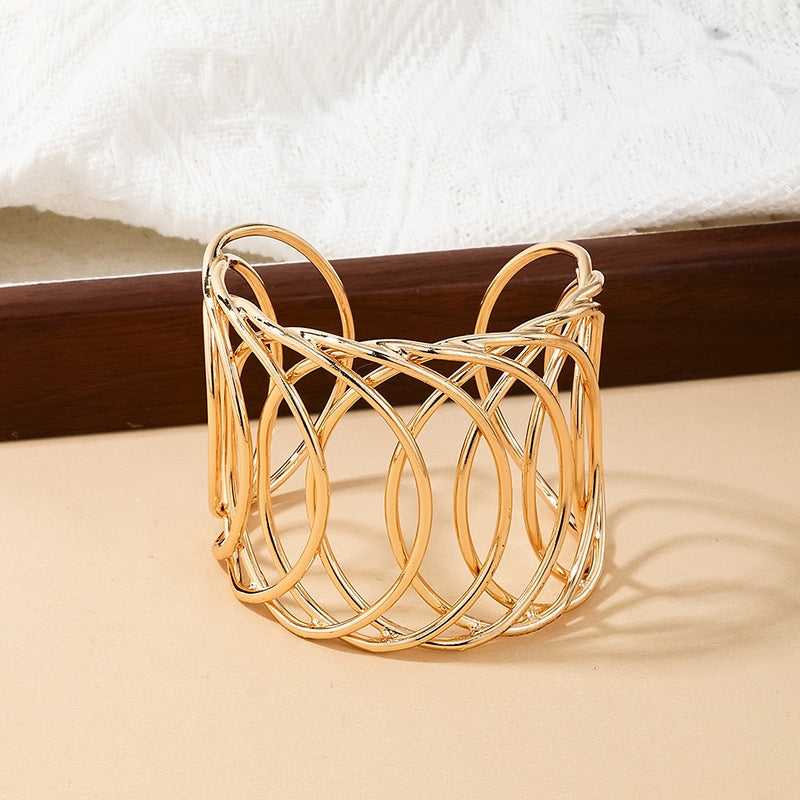 Simple Geometric Hollow Mesh Wide Bangle Bracelet