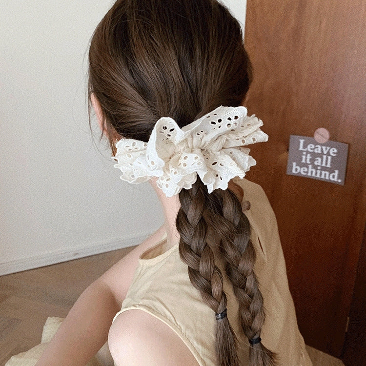 Simple Solid Color Lace Hair Tie with Embroidered Floral Design