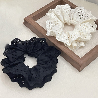 Simple Solid Color Lace Hair Tie with Embroidered Floral Design