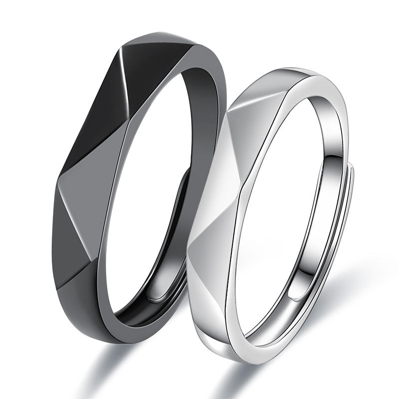 Geometric Minimalist Copper Plated Couple Rings - Black and White Diamond Design