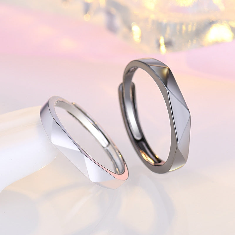 Geometric Minimalist Copper Plated Couple Rings - Black and White Diamond Design