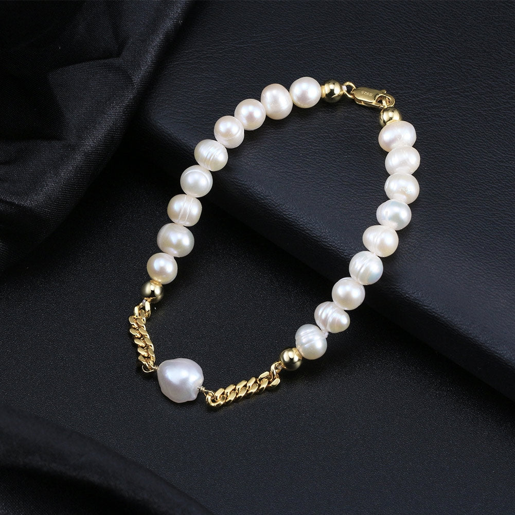 14K Gold Plated Sterling Silver Freshwater Pearl Vintage Bracelet for Men and Women