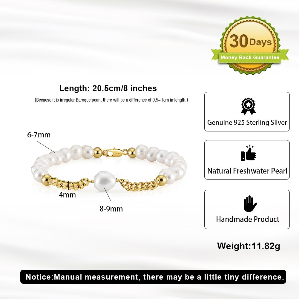 14K Gold Plated Sterling Silver Freshwater Pearl Vintage Bracelet for Men and Women