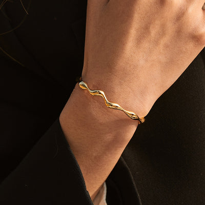 Geometric Wave Design Gold Plated Open Cuff Bracelet