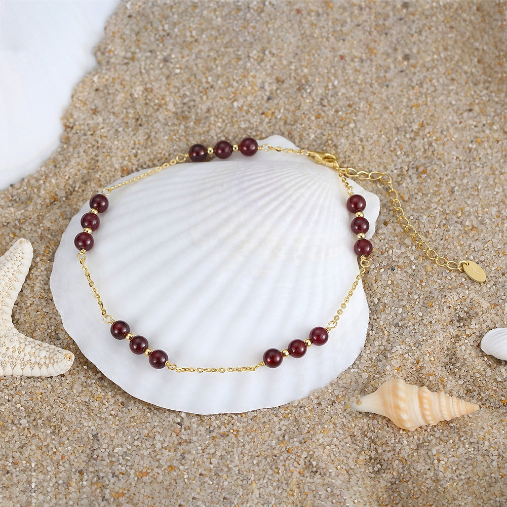 Simple Solid Color Natural Stone Garnet Sterling Silver Women's Anklet