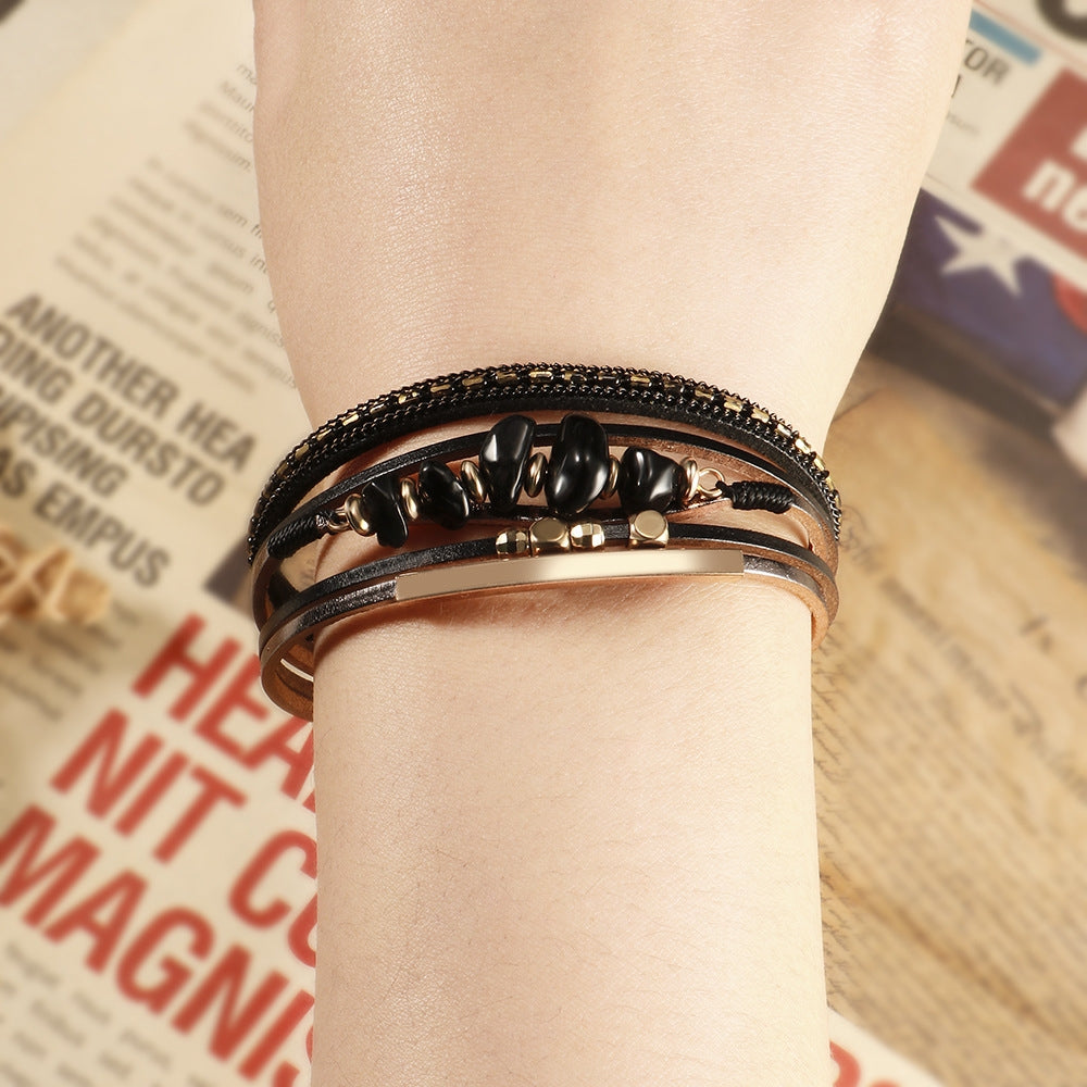 Simple Solid Color PU Leather and Natural Stone Beaded Bracelet with Copper Tube Design and Magnetic Clasp