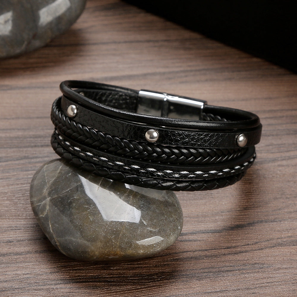 Simple Style Multi-Layer PU Leather and Titanium Steel Men's Bracelet