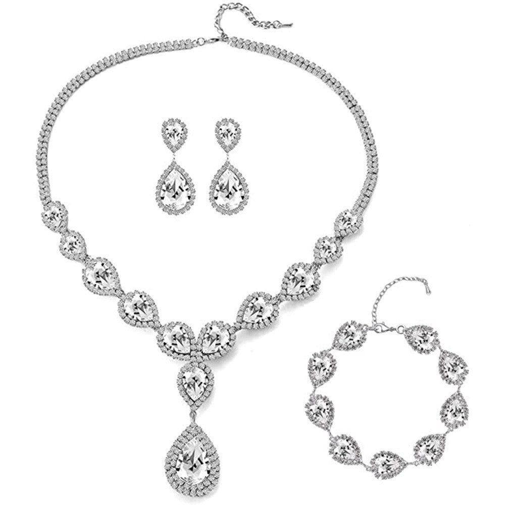 Simple Solid Color Zircon Rhinestone Bridal Jewelry Set - Necklace, Earrings, and Bracelet