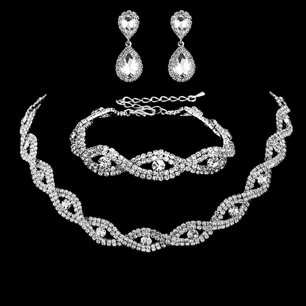 Simple Solid Color Zircon Rhinestone Bridal Jewelry Set - Necklace, Earrings, and Bracelet