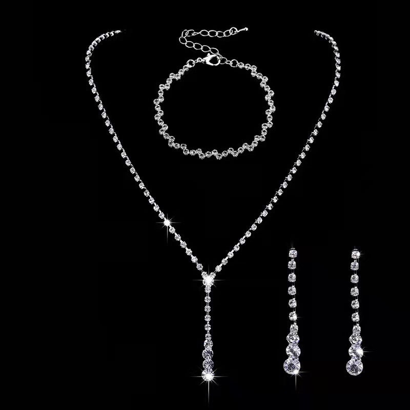 Simple Solid Color Zircon Rhinestone Bridal Jewelry Set - Necklace, Earrings, and Bracelet