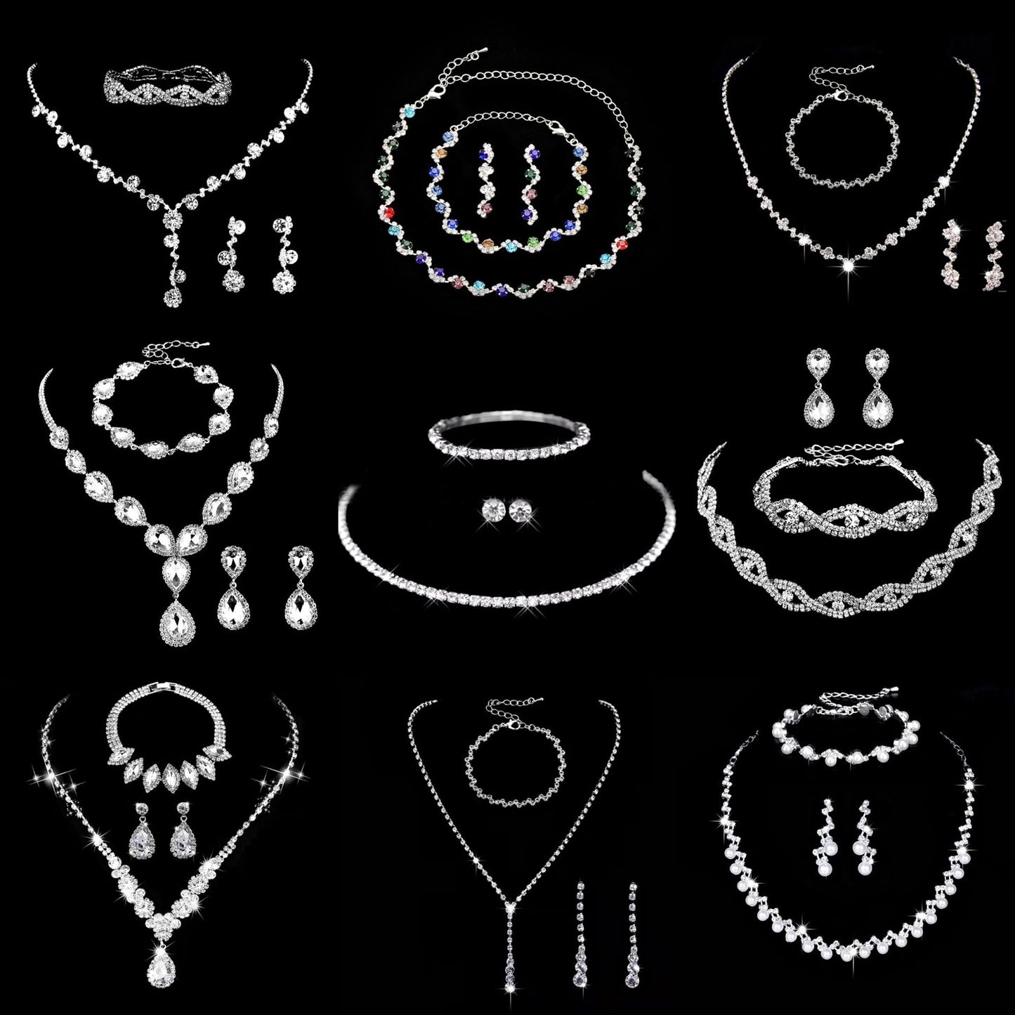 Simple Solid Color Zircon Rhinestone Bridal Jewelry Set - Necklace, Earrings, and Bracelet