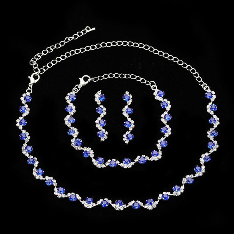 Simple Solid Color Zircon Rhinestone Bridal Jewelry Set - Necklace, Earrings, and Bracelet