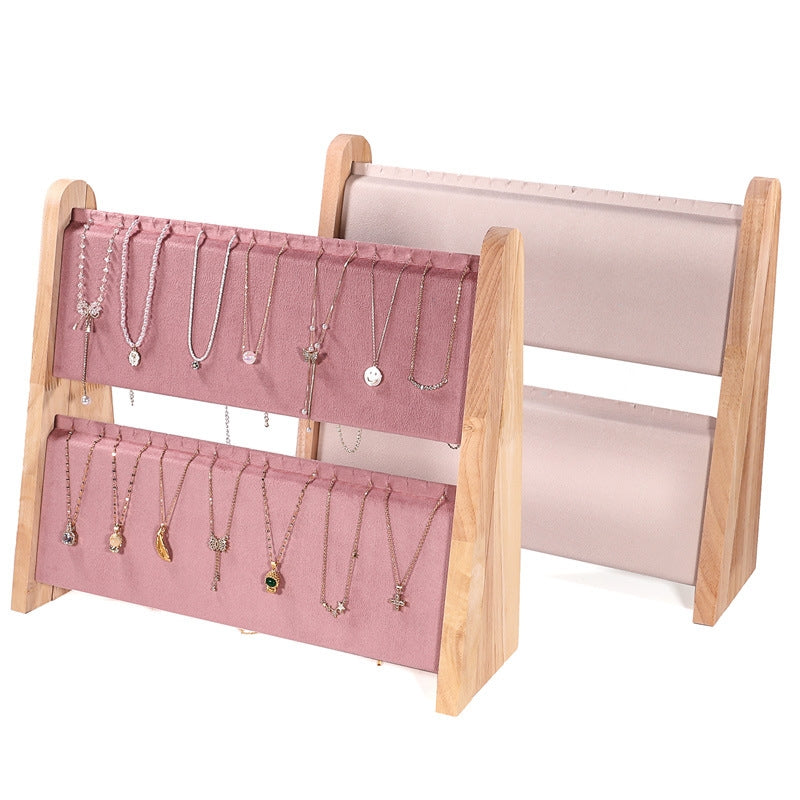 Simple Solid Wood Jewelry Display Stand with Dual Row Bracelet and Necklace Holder