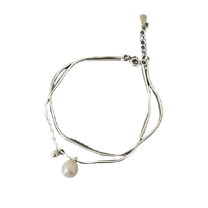 S925 Sterling Silver Gold Plated Freshwater Pearl Double-Layer Snake Chain Bracelet for Women