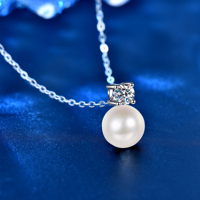 Sterling Silver Moissanite and Pearl Pendant Necklace