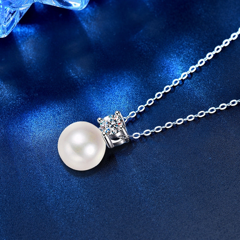 Sterling Silver Moissanite and Pearl Pendant Necklace