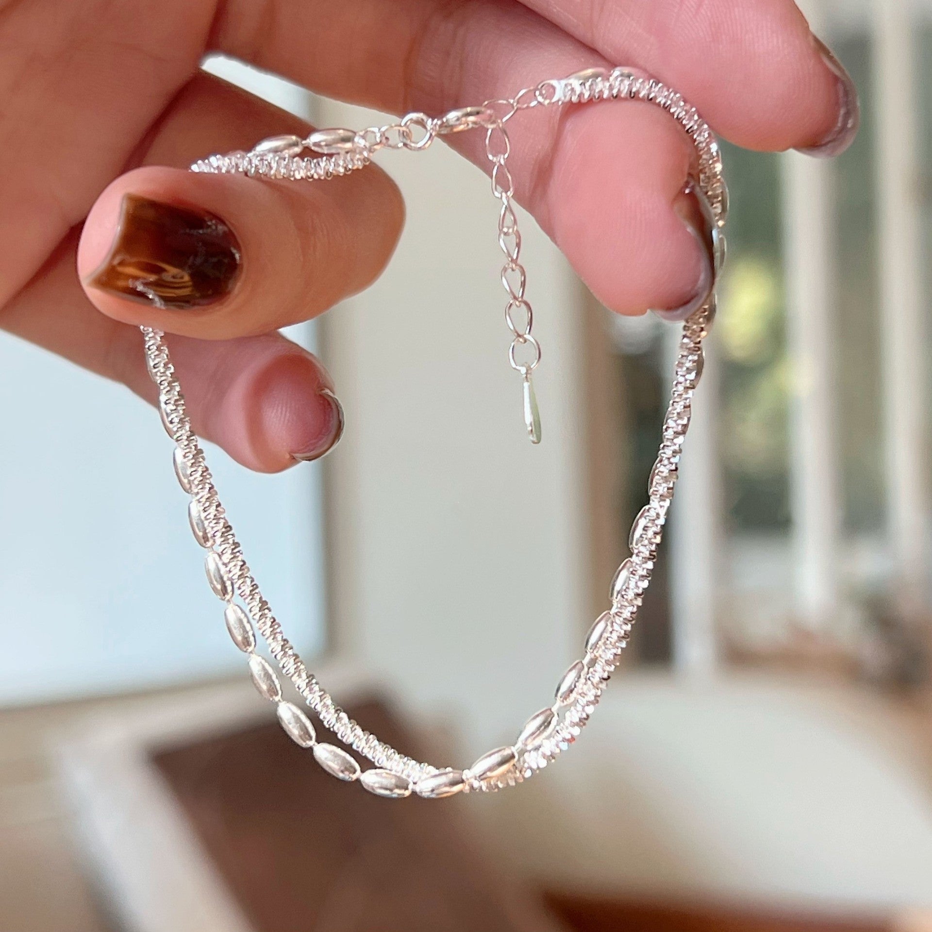 Simple Style S925 Sterling Silver Double-Layer Starry Bracelet with White Gold Plating and Delicate Silver Beads