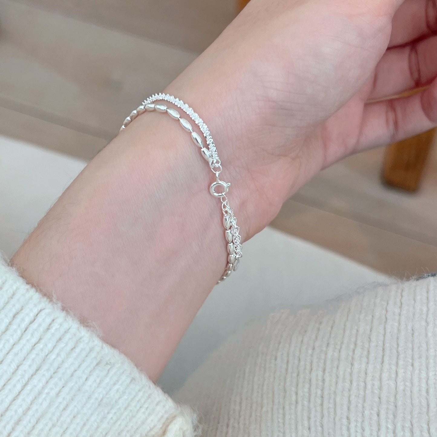 Simple Style S925 Sterling Silver Double-Layer Starry Bracelet with White Gold Plating and Delicate Silver Beads