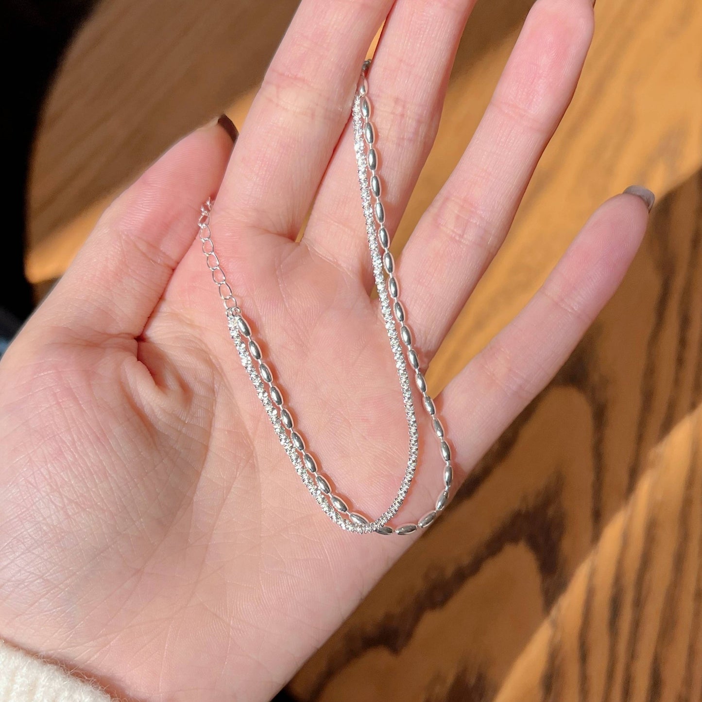 Simple Style S925 Sterling Silver Double-Layer Starry Bracelet with White Gold Plating and Delicate Silver Beads