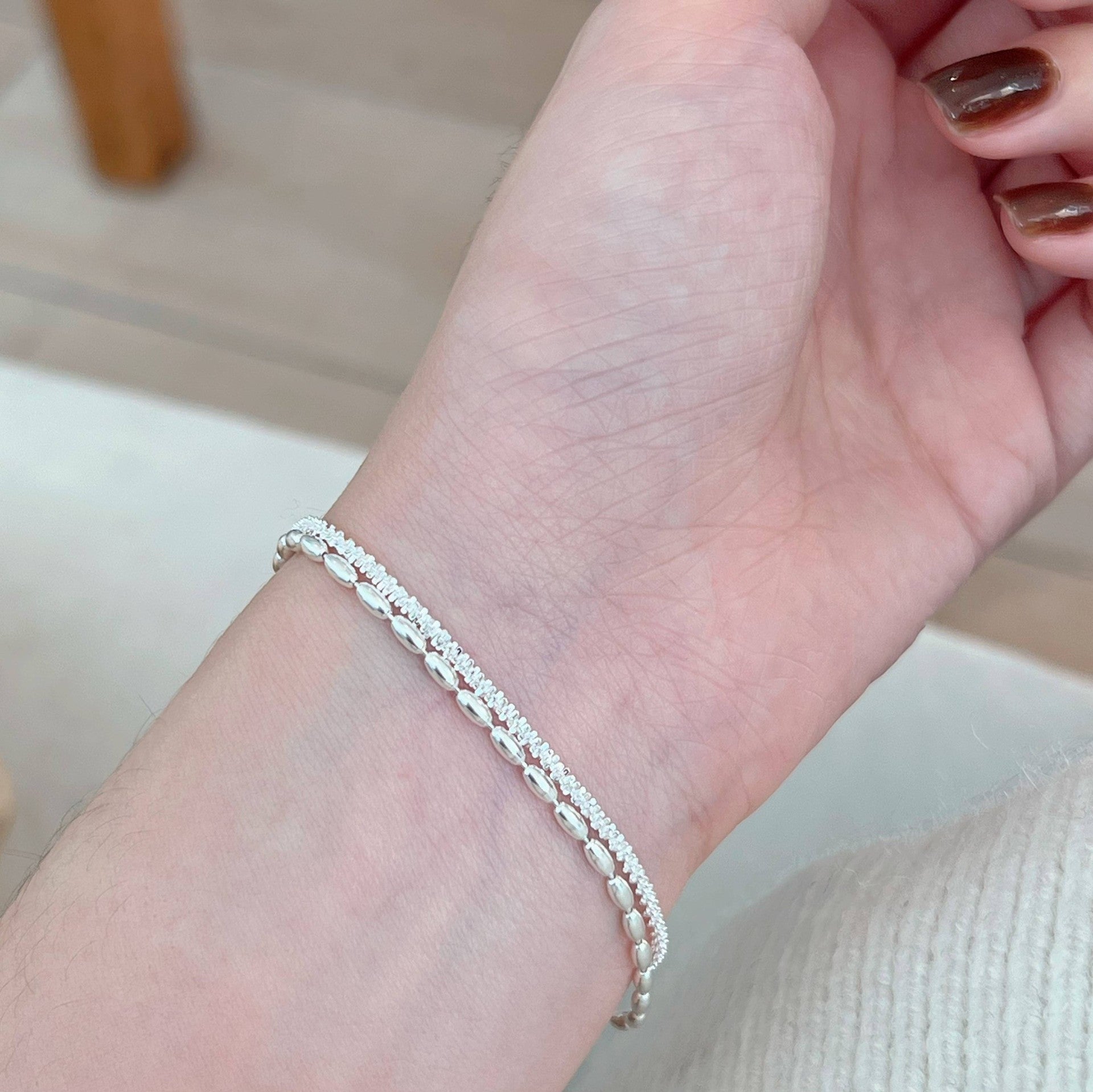 Simple Style S925 Sterling Silver Double-Layer Starry Bracelet with White Gold Plating and Delicate Silver Beads