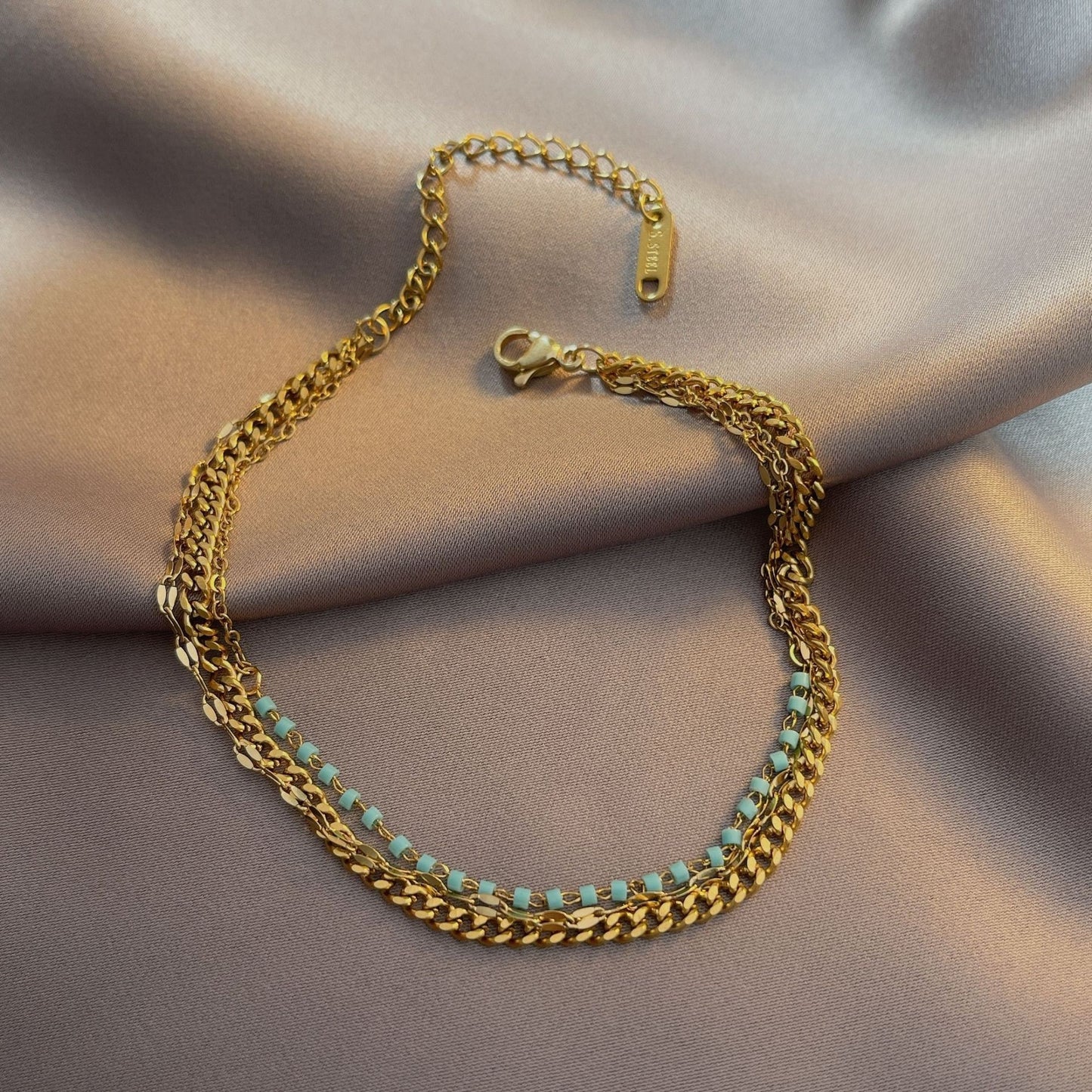 Simple Style Gold Triple Layer Titanium Steel Anklet with Blue Beads