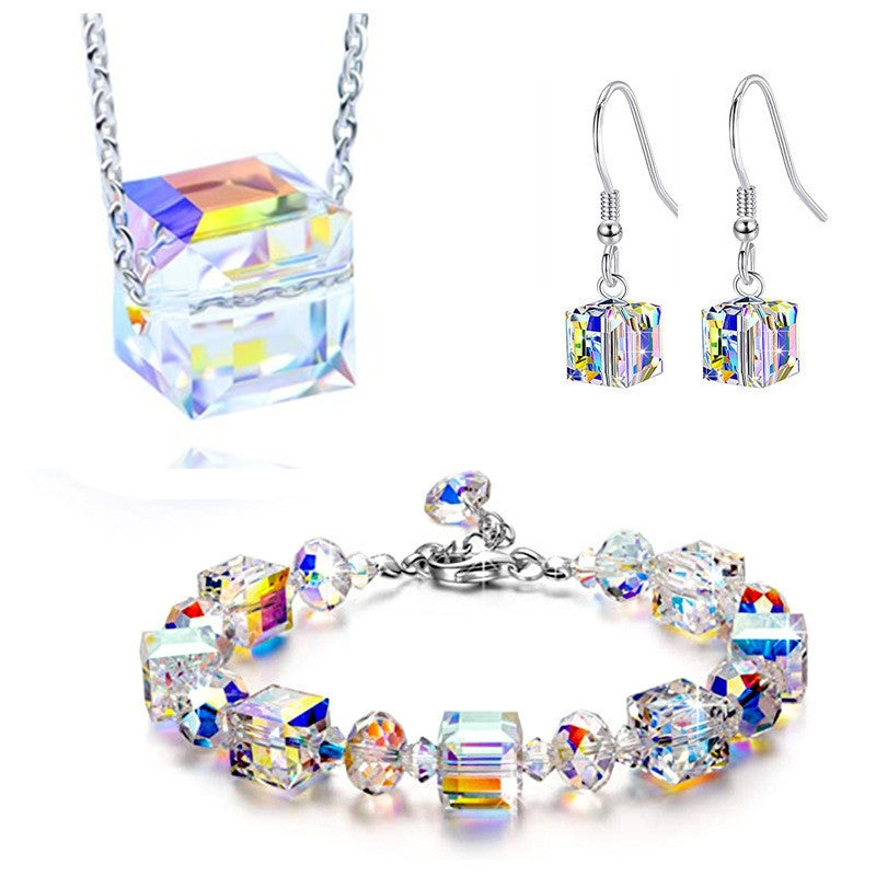 Simple Square Crystal Jewelry Set for Women - Necklace, Bracelet, and Earrings