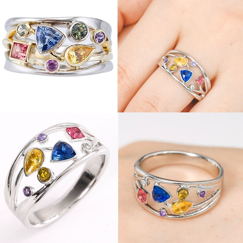 Simple Square Zircon Alloy Ring with Colorful Hollow Design