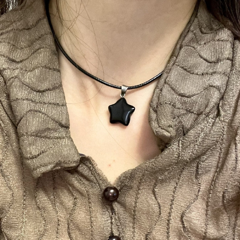 Simple Star Natural Stone Pendant Necklace with Leather Rope