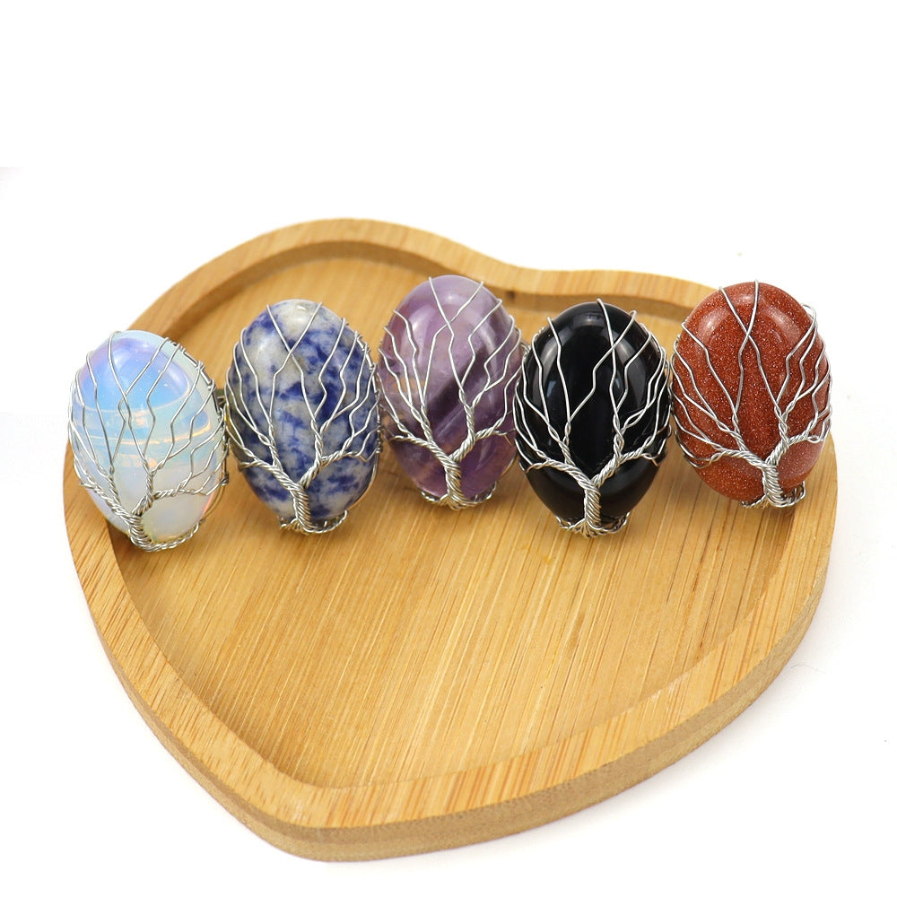 Simple Tree of Life Oval Agate Adjustable Copper Ring