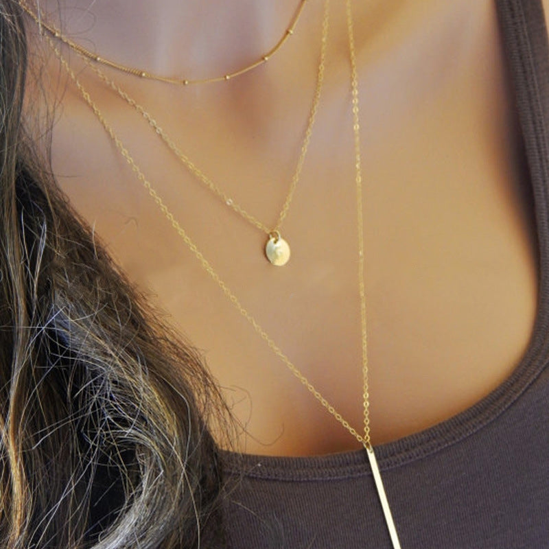 Simple Water Droplet Layered Alloy Necklace with Metal Beads and Sequins