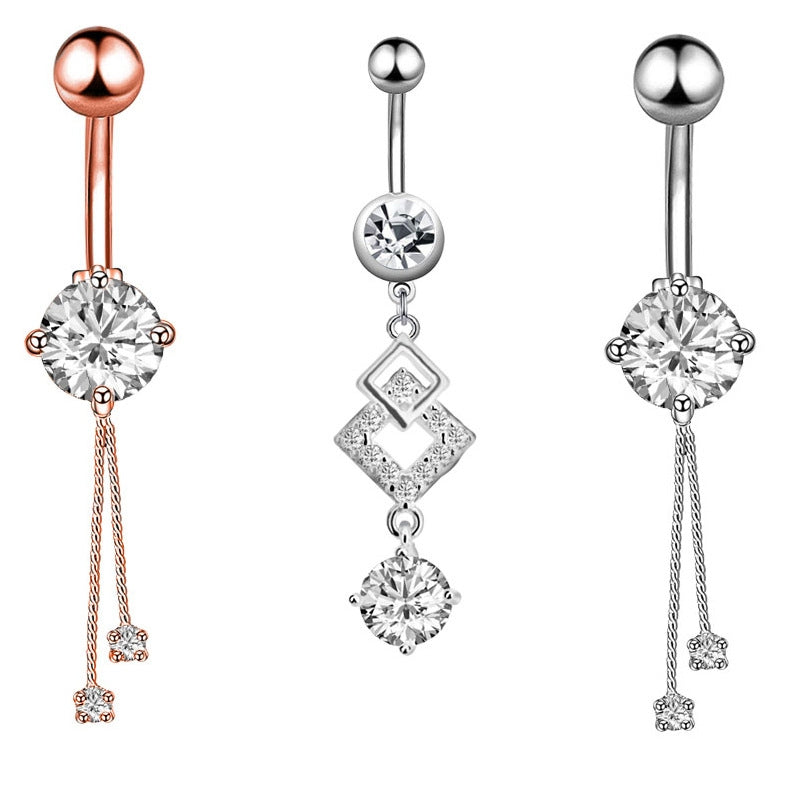 Crystal Water Droplet Flower Butterfly Stainless Steel Zircon Belly Ring in Rose Gold