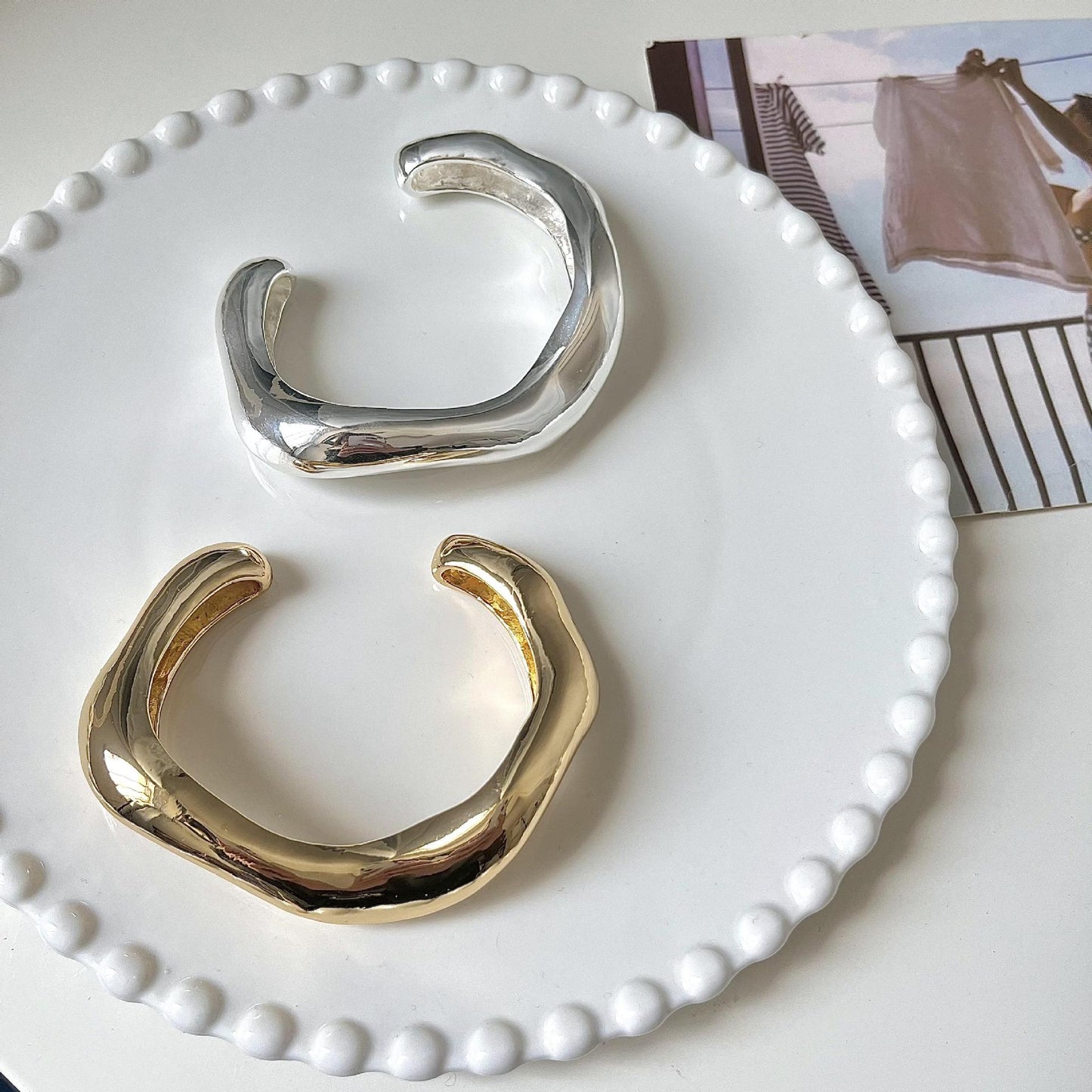 Minimalist Abstract Design Silver & Gold Plated Women's Open Cuff Bangle Bracelet