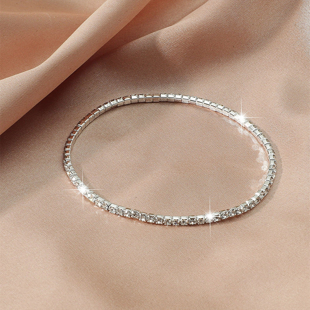 Ultra-Fine Geometric Rhinestone Silver-Plated Elastic Bracelet