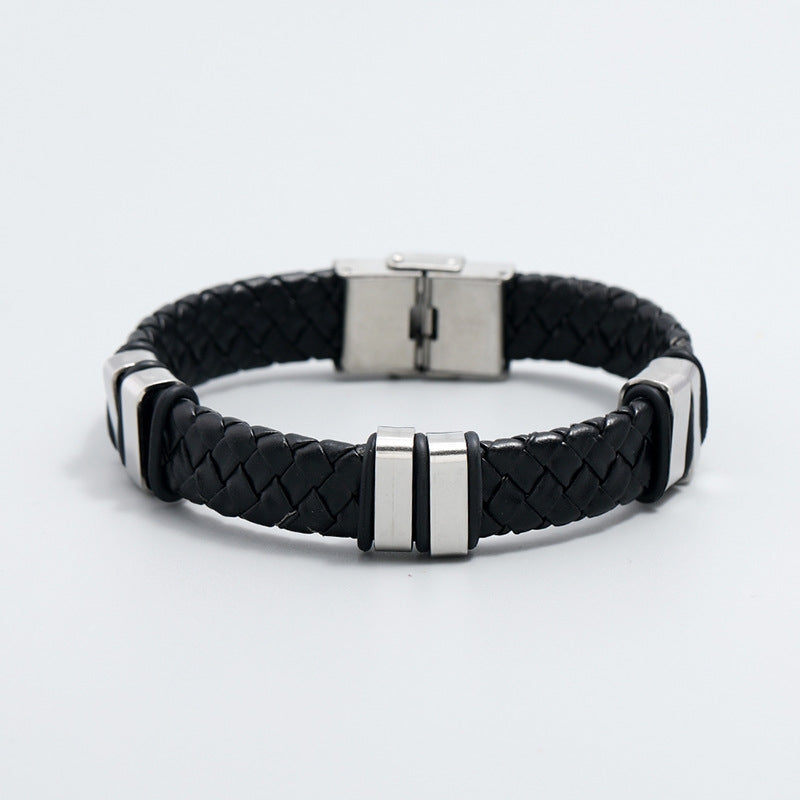 Simple Braided Stainless Steel Leather Men's Fashion Bracelet