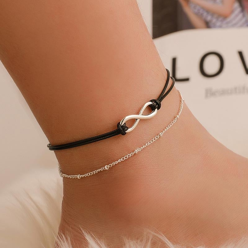 Sleek Double Layer Black Cord Bohemian Sand Beach Anklet Bracelet