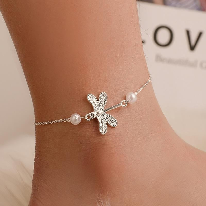 Dragonfly Pearl Pendant Anklet - Beach Style Foot Jewelry for Women