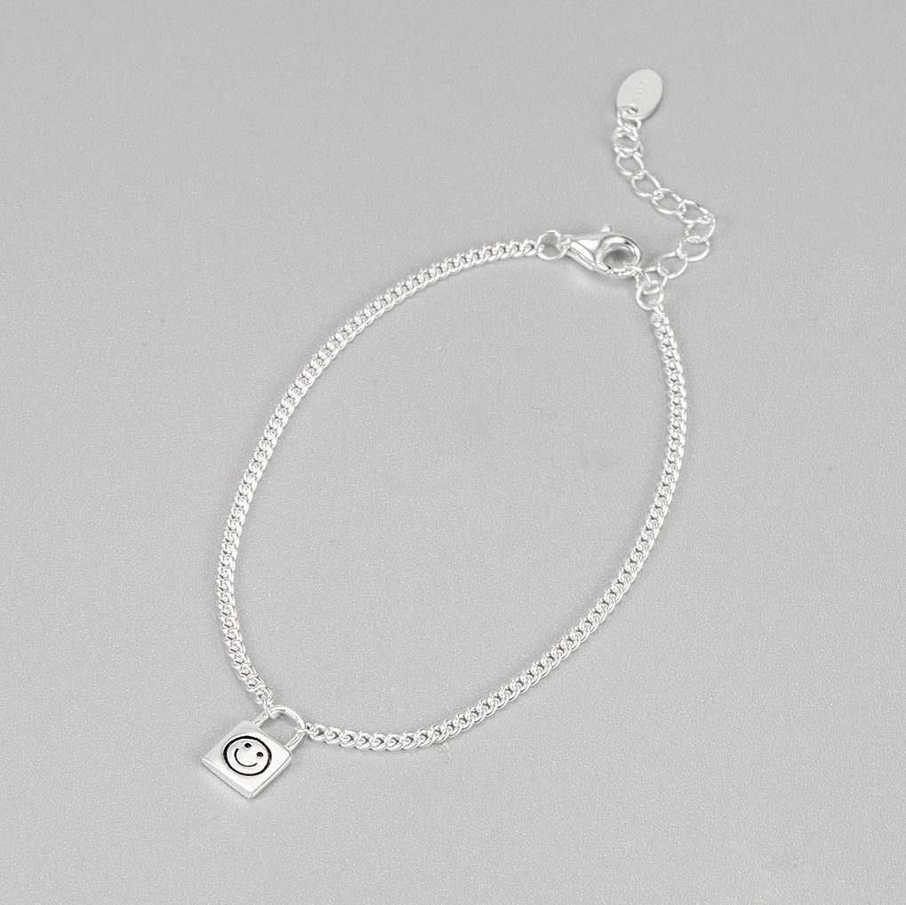 S925 Sterling Silver Smiley Face Lock Bracelet - South Korean Style, Simple and Elegant Jewelry