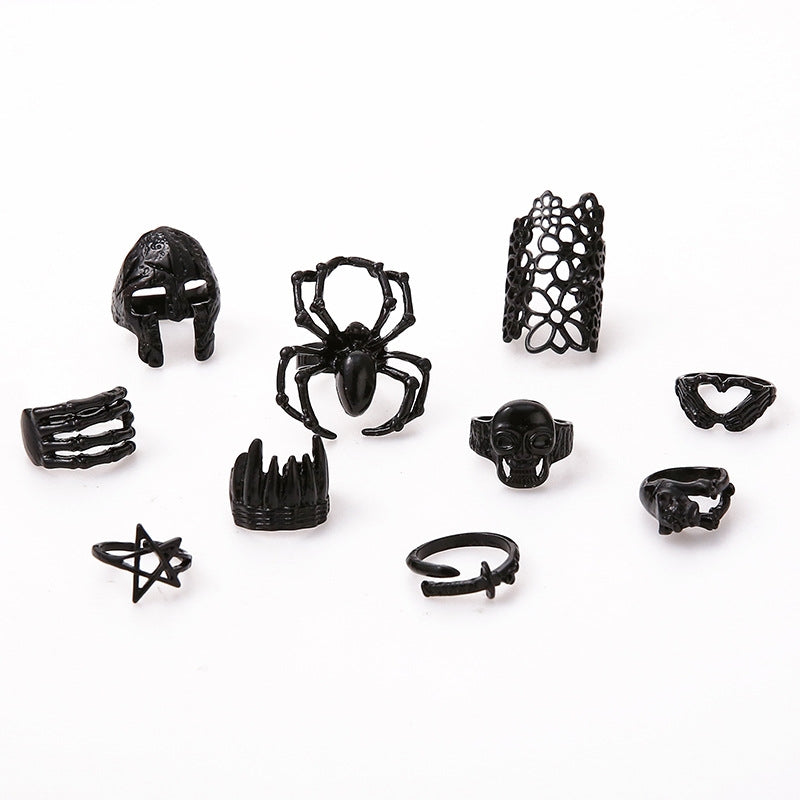 Gothic Skull and Spider Adjustable Ring Set - 10 Pieces