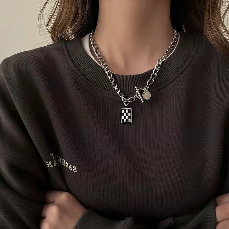 Square Black and White Checkerboard Geometric Pendant Titanium Steel Necklace