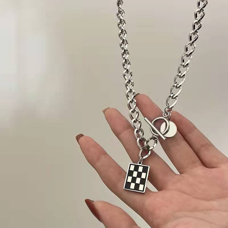 Square Black and White Checkerboard Geometric Pendant Titanium Steel Necklace