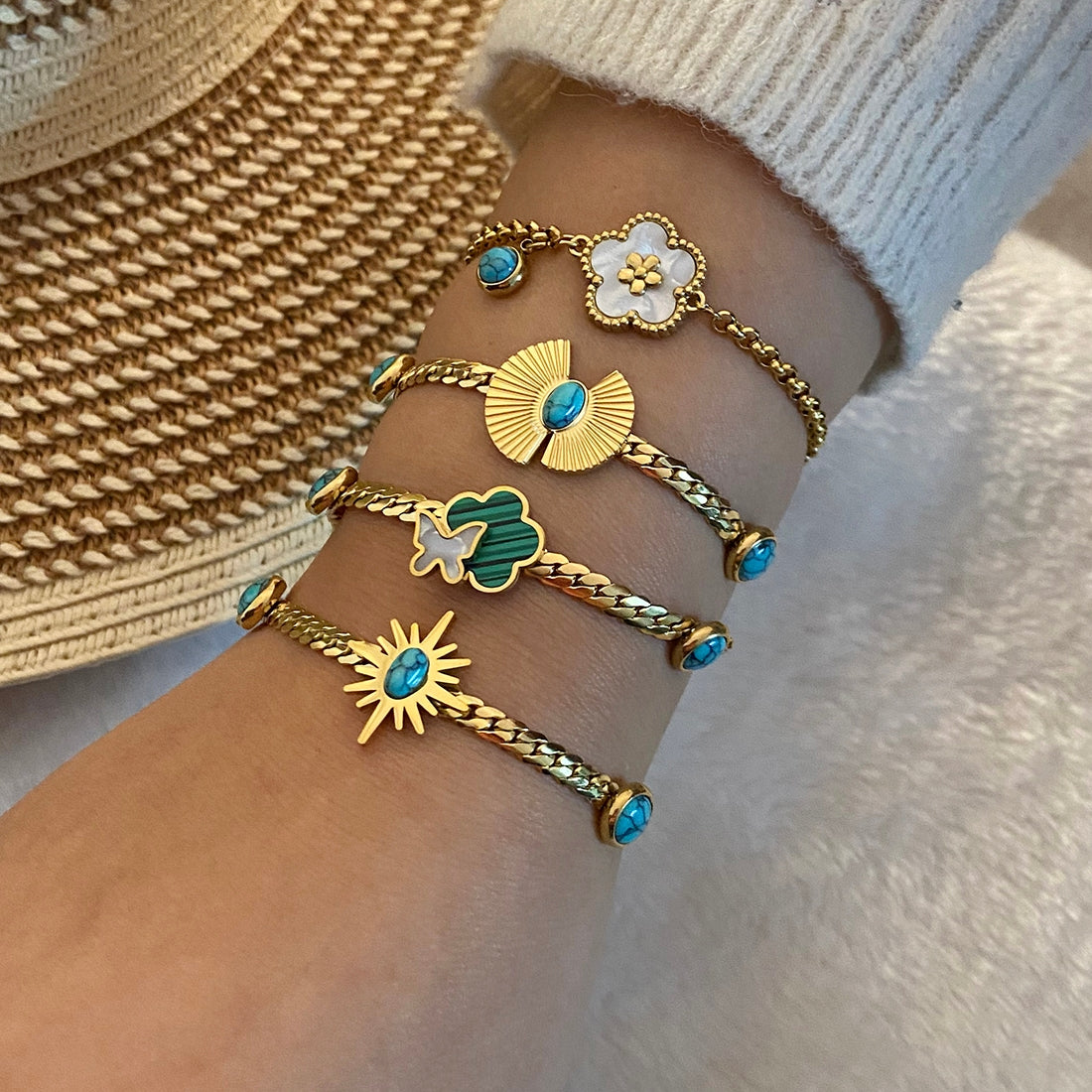 Stainless Steel 18K Gold Plated Turquoise Flower Butterfly Bracelet