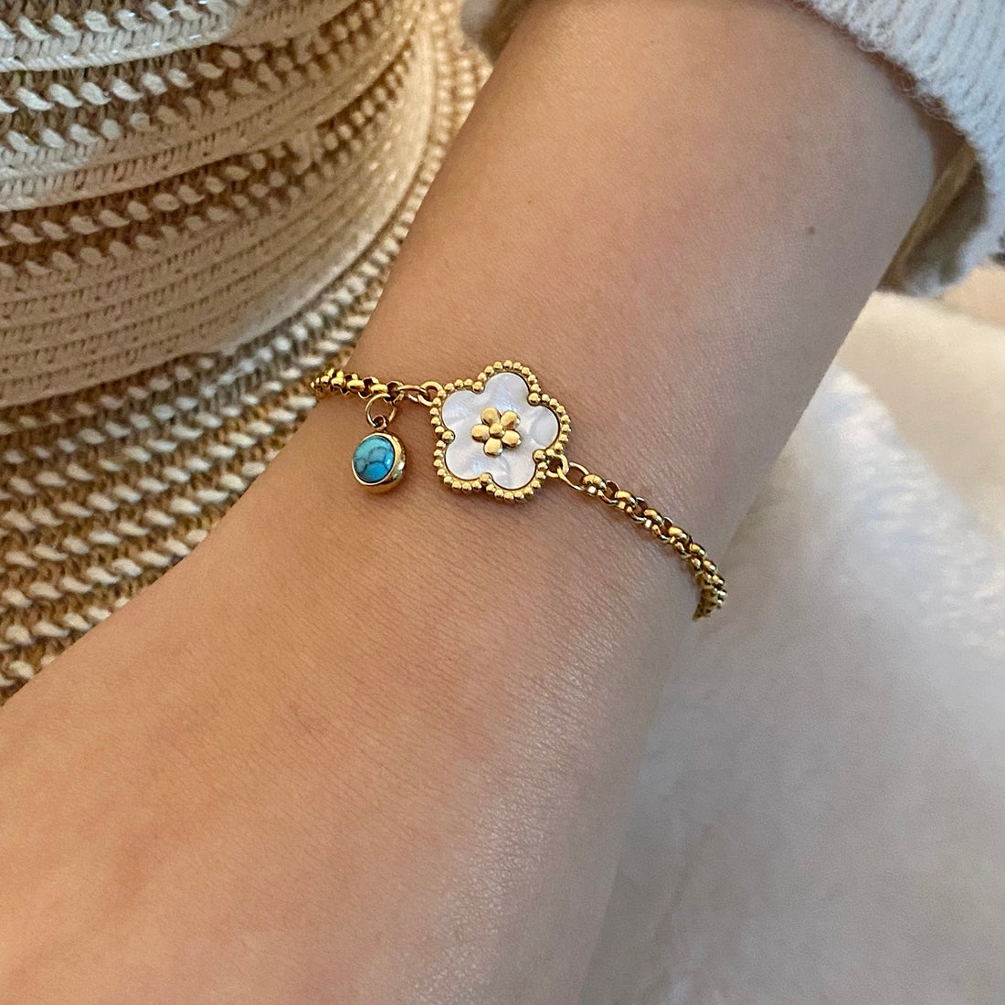 Stainless Steel 18K Gold Plated Turquoise Flower Butterfly Bracelet