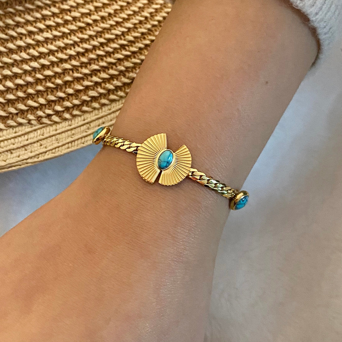 Stainless Steel 18K Gold Plated Turquoise Flower Butterfly Bracelet