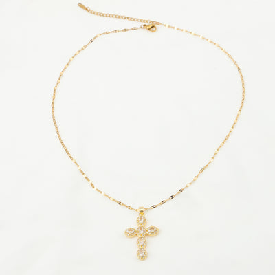 18K Gold Plated Vintage Geometric Cross Pendant Necklace with Rhinestones and Pearl Zircon