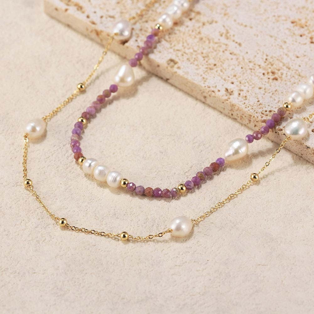 14K Gold Plated Sterling Silver Geometric Double Layer Necklace with Freshwater Pearl and Purple Mica