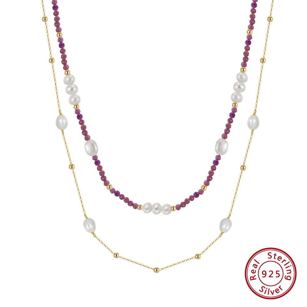 14K Gold Plated Sterling Silver Geometric Double Layer Necklace with Freshwater Pearl and Purple Mica