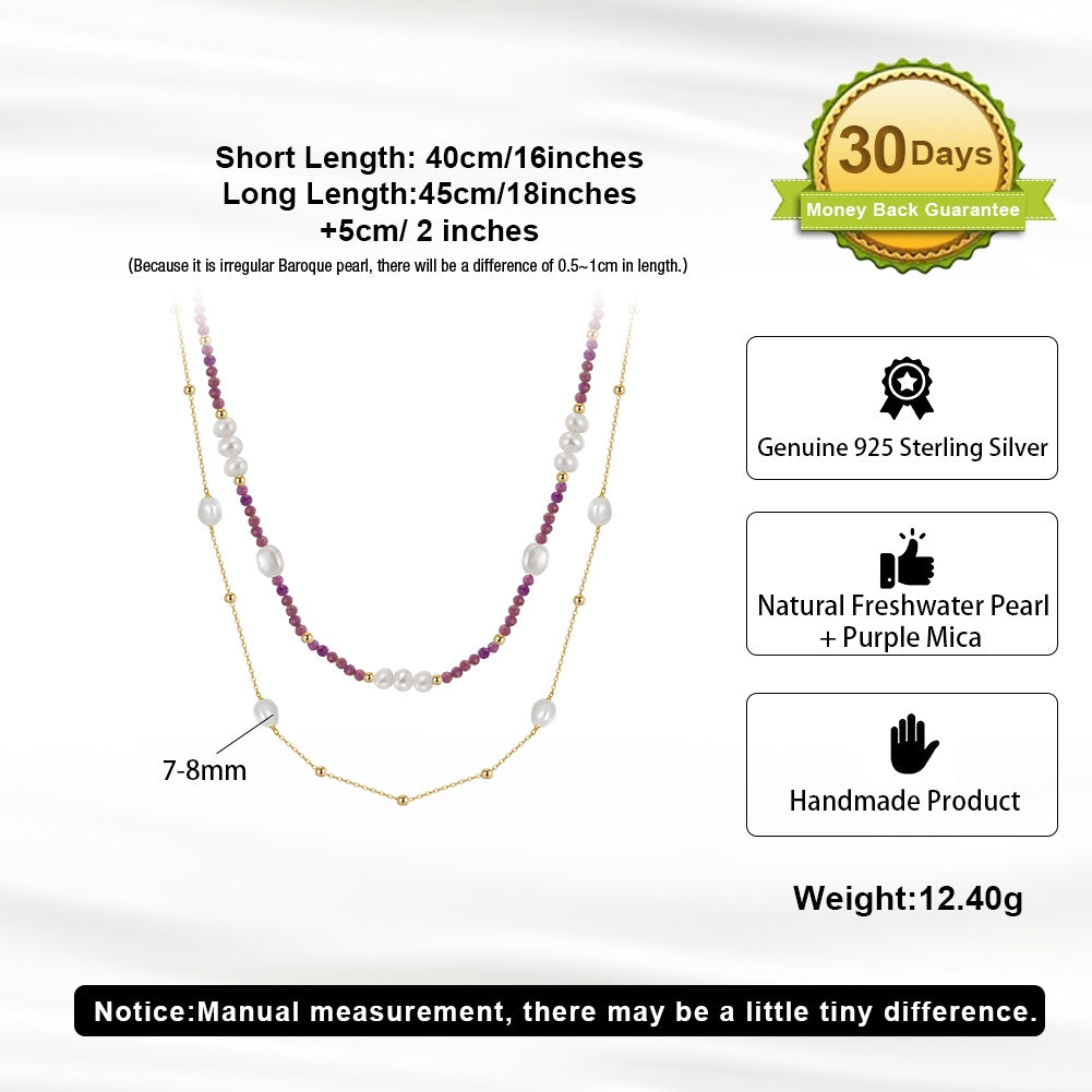 14K Gold Plated Sterling Silver Geometric Double Layer Necklace with Freshwater Pearl and Purple Mica