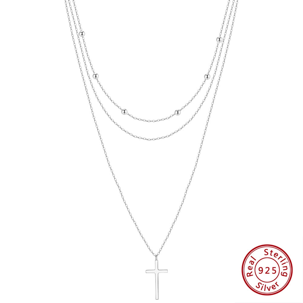 Sterling Silver 14K Gold Plated Triple Layer Cross Necklace with Rhinestones