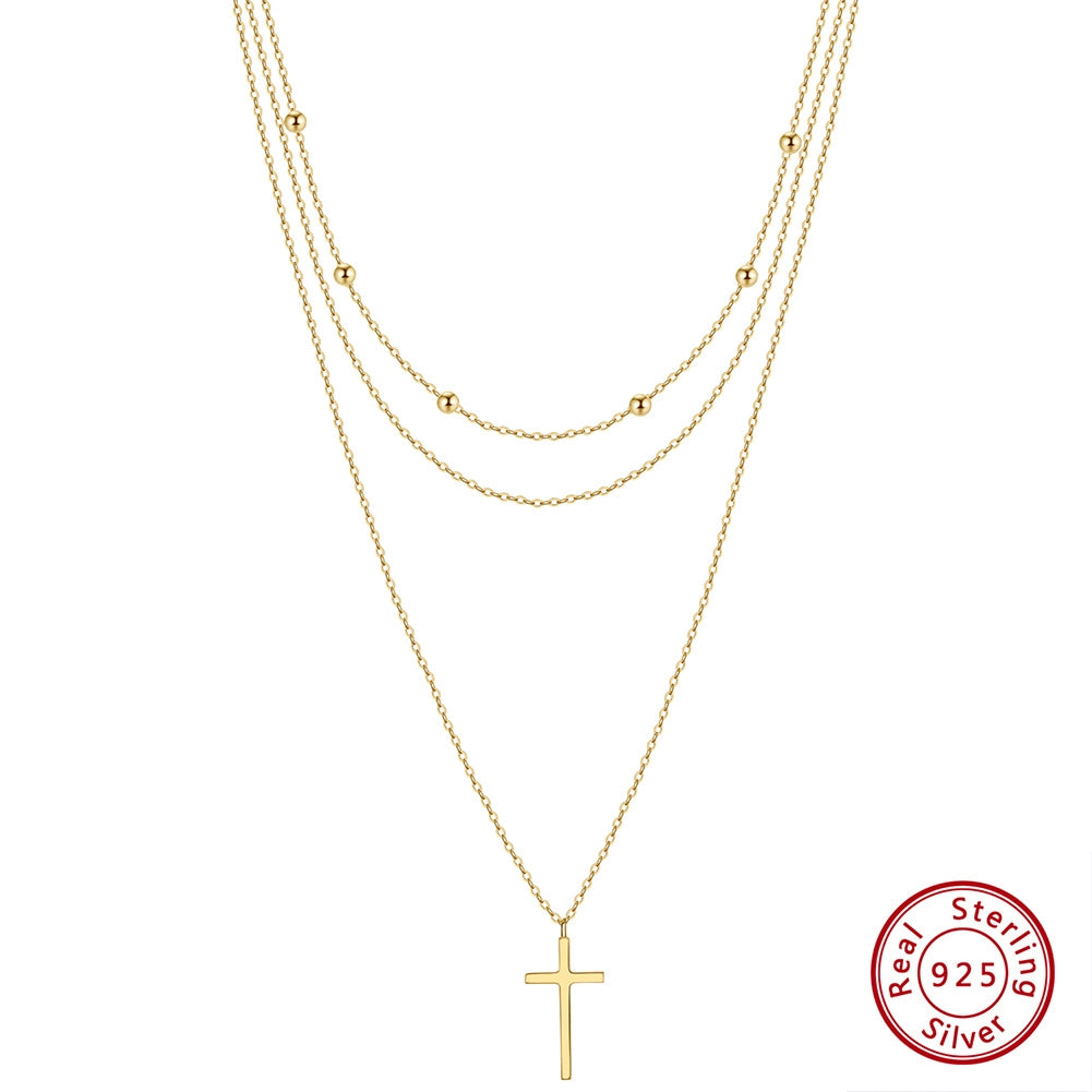 Sterling Silver 14K Gold Plated Triple Layer Cross Necklace with Rhinestones