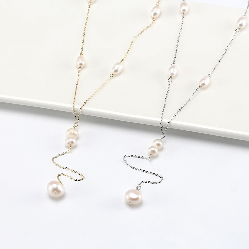 14K Gold Plated Sterling Silver Freshwater Pearl Lariat Necklace